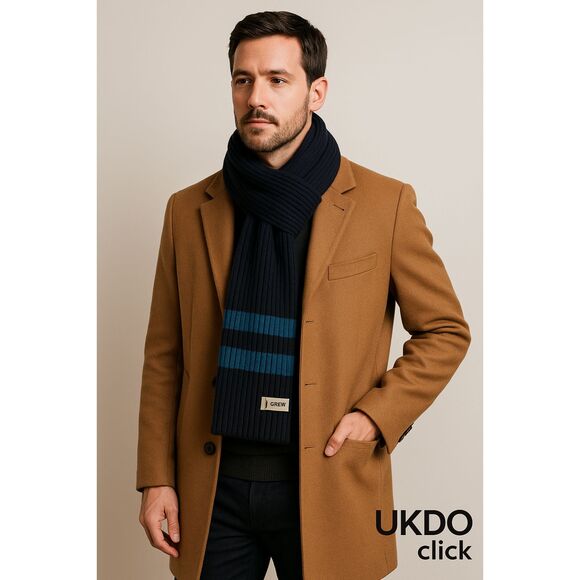 J.Crew  Ribbed Knit Long Scarf Unisex Luxury Wool Blend Navy Blue Stripe 86" - Picture 2 of 13